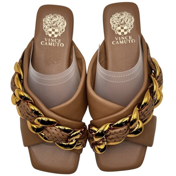 Vince Camuto Womens Slide Sandals 8 Azori Brown Leather Square Toe Gold Chain - Picture 3 of 9